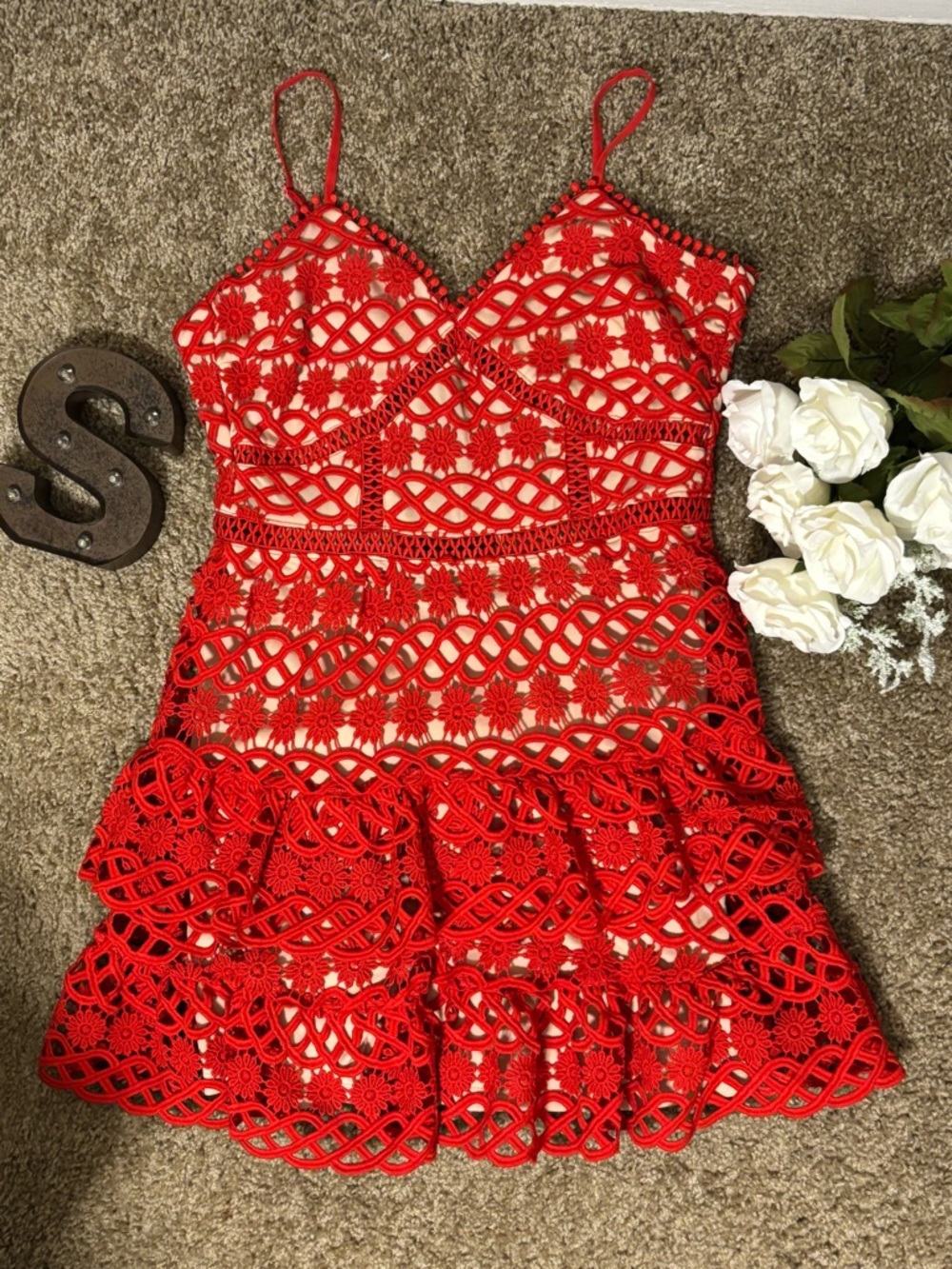 Red Crochet Lace Spaghetti Strap Dress